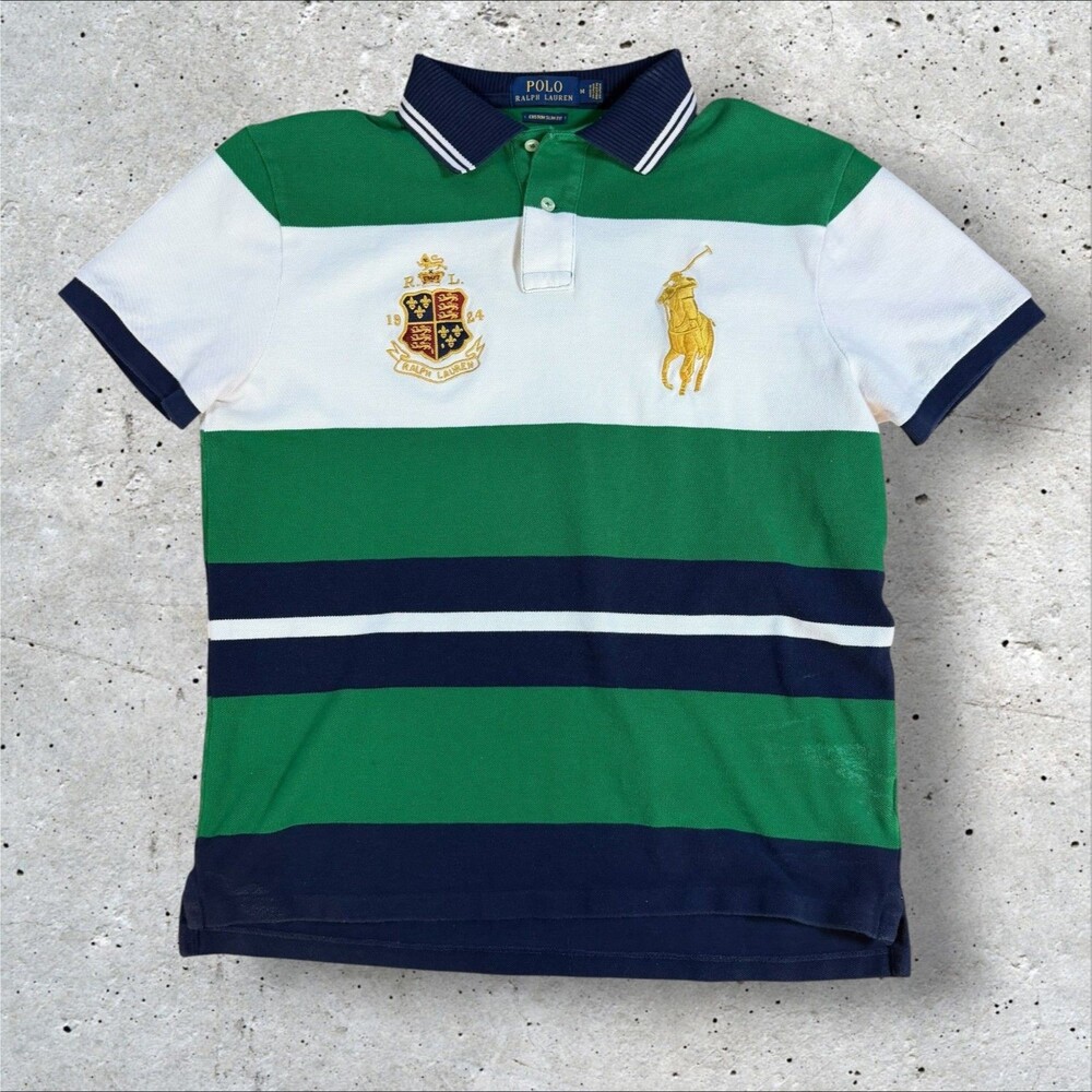 Polo Ralph Lauren Mens Short Sleeve Big Pony Crest Stripe Polo Shirt M Green